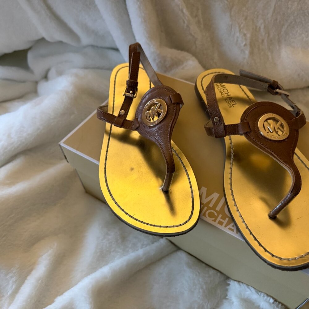 Michael Kors Brown Leather Thong Sandals with Yellow Footbed and Gold Logo